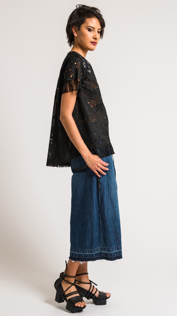 Sacai Black Embroidered Top with Hearts