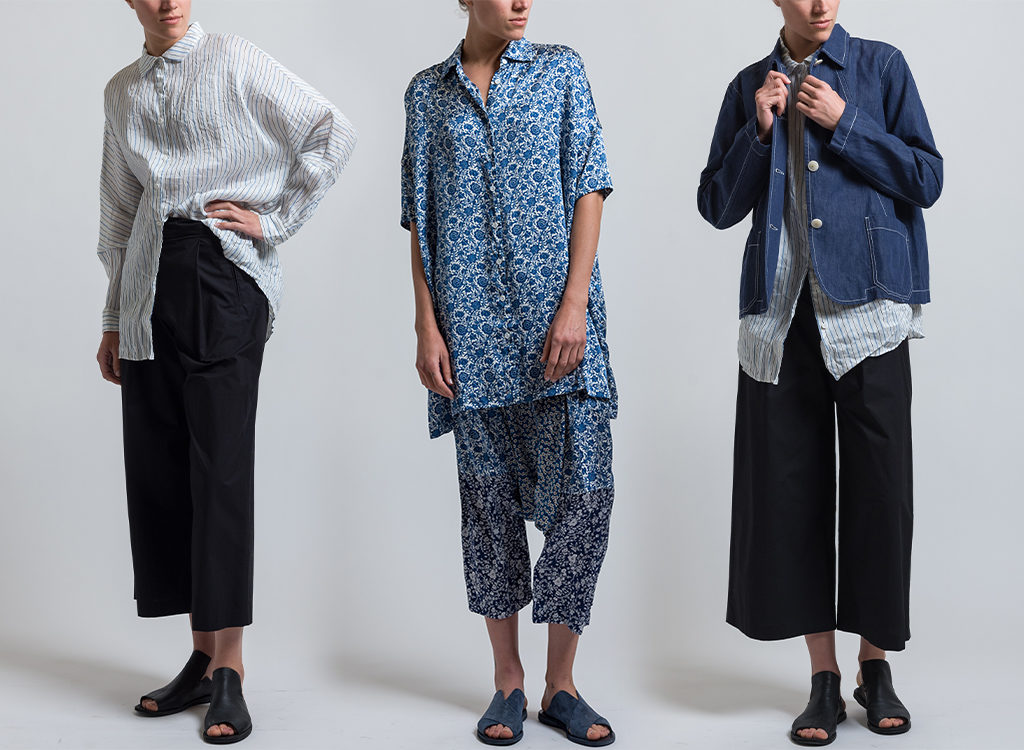 Casey Casey Striped Waga Shirt in White, Orsan Jacket in Indigo, Long Oversized Shirt in Blue