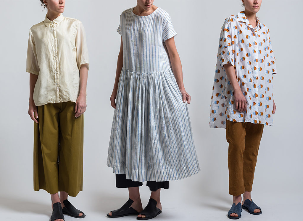 Casey Casey Silk Habotai Shirt in Cream, Striped Pasha Dress in White, Odem Pom Pom Shirt in White