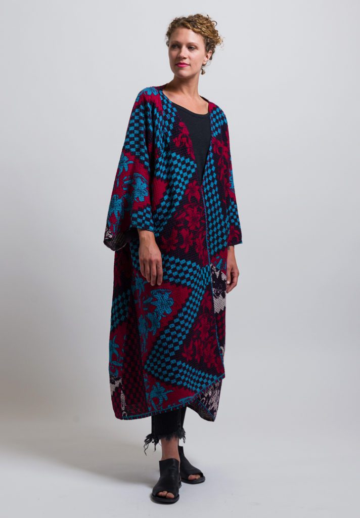 Mieko Mintz 2-Layer Bara Bara Kimono Maxi Duster in Turquoise/ Red