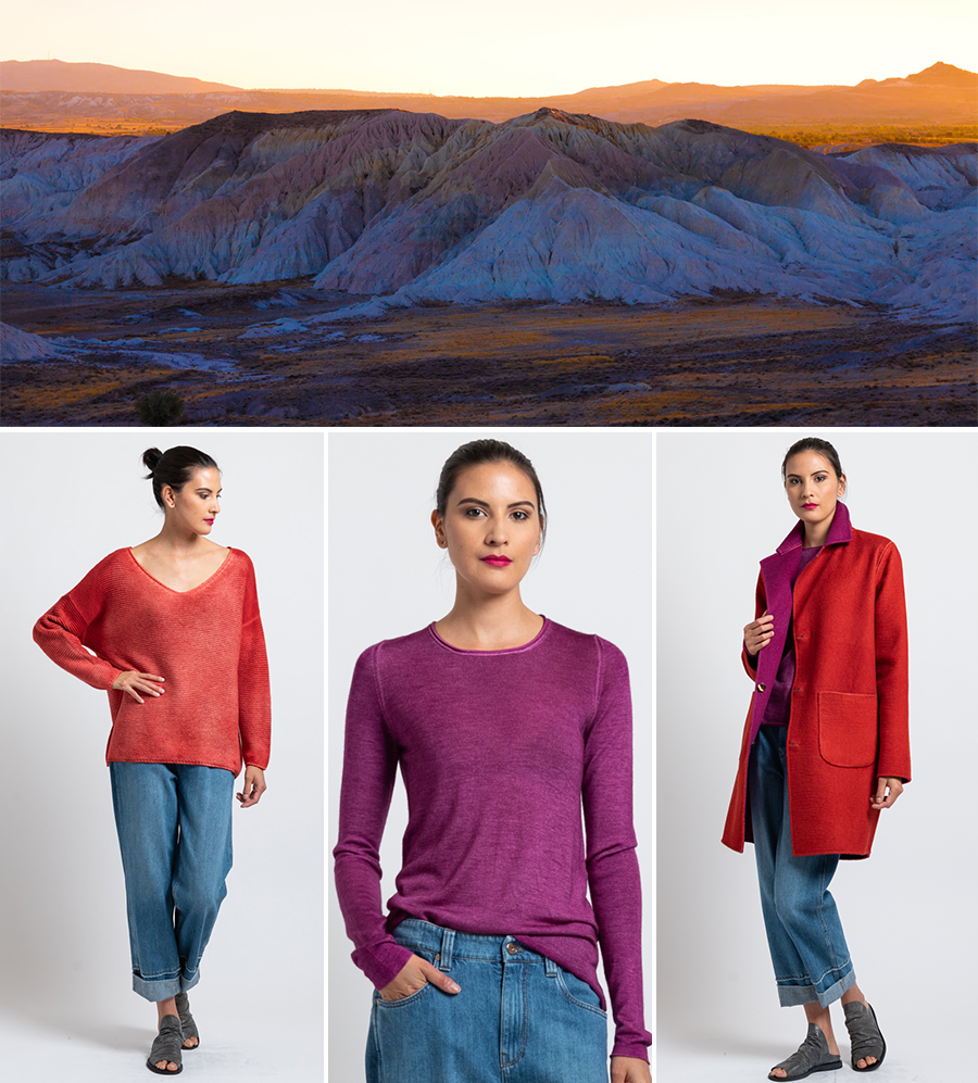 Avant Toi Pre-Fall 2019 - Ombre V-Neck Sweater in Coral, Rolled Hem Sweater in Magenta, Reversible Coat in Magenta/ Paprika
