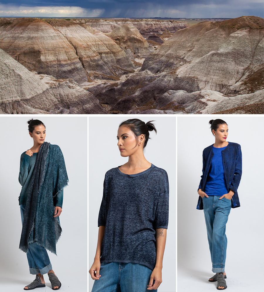 Avant Toi Pre-Fall 2019 - Cashmere Felted Stained Scarf in Nero / Turchese, Oversized Linen Mesh Top in Navy Blu, Hand-Painted T-Shirt in China