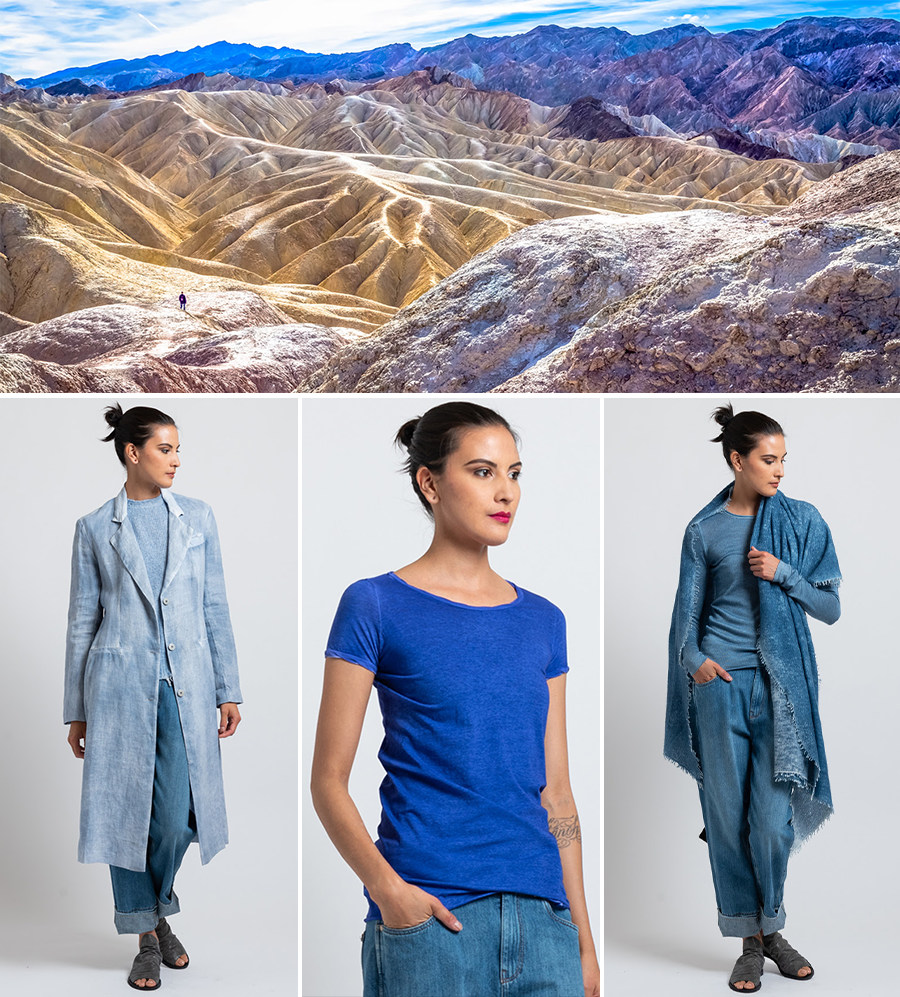 Avant Toi Pre-Fall 2019 Long True Hemp Blazer in Denim, Hand-Painted T-Shirt in China, Cashmere Felted Stained Scarf in Deep