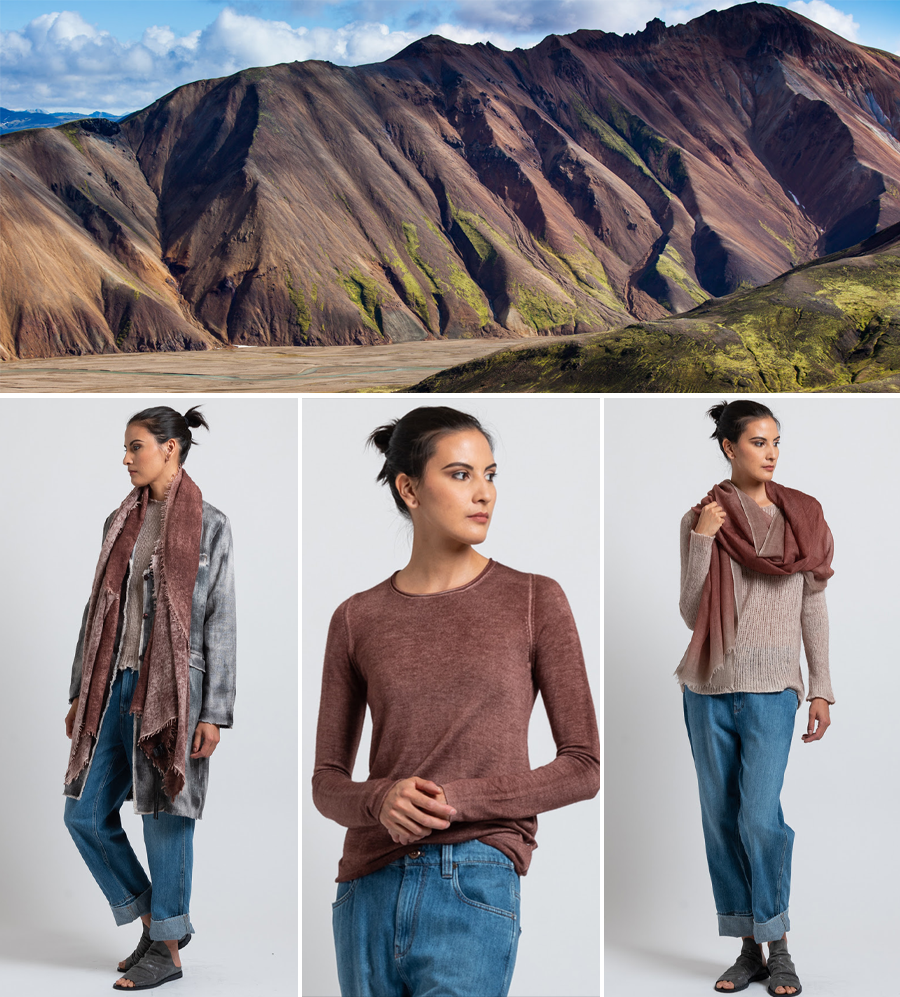 Hemp Jacket in Carruba, Rolled Hem Sweater in Brick, Cashmere Ombre Border Scarf in Brick
