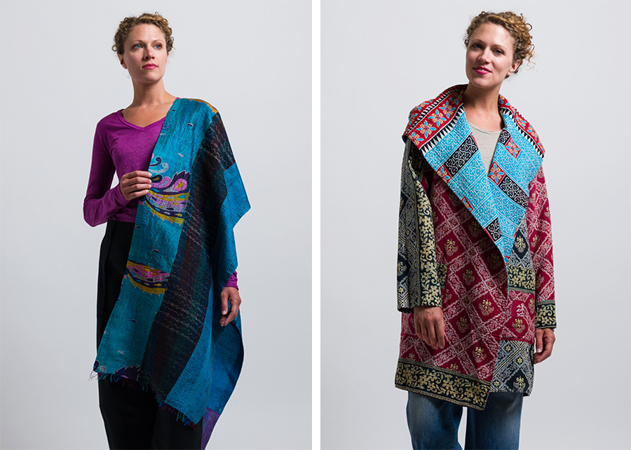 Mieko Mintz 2-Layer Vintage Silk Patched Scarf and Hooded Coat