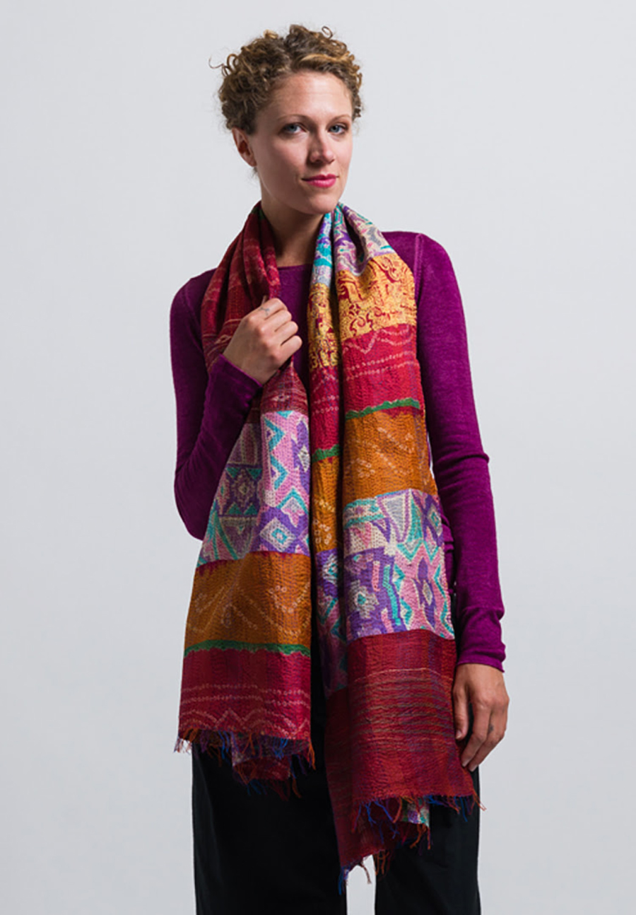 Mieko Mintz 2-Layer Vintage Silk Patched Scarf in Red / Orange