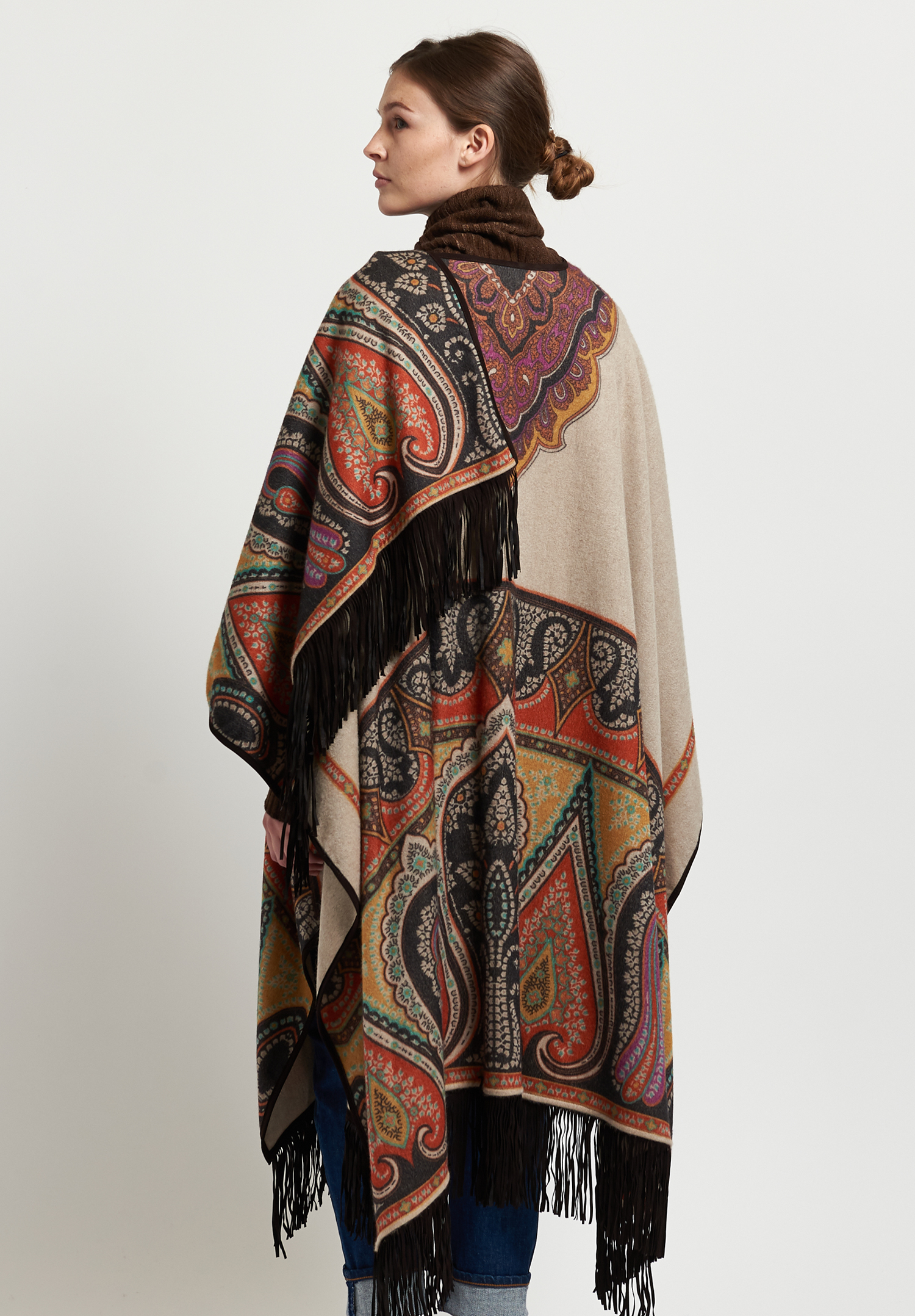 Etro Paisley Fringed Cape in Beige
