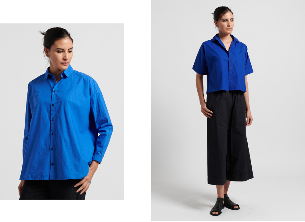 toogood, left: Cotton Poplin Draughtsman Shirt in Cobalt, right: Fine Cotton Short Gardener Shirt in Cobalt