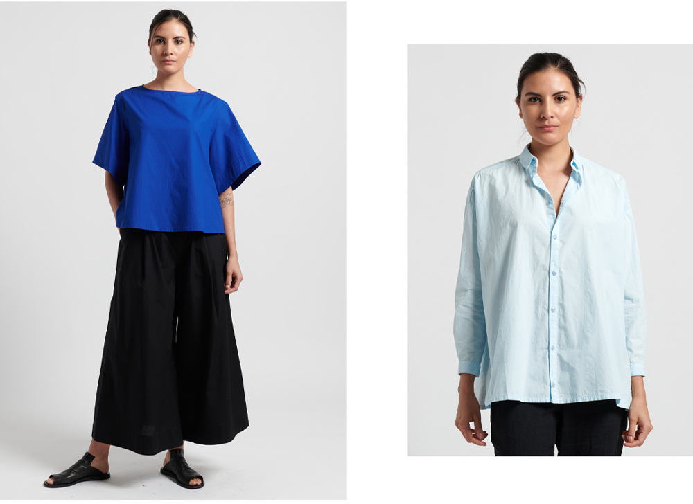 toogood, left: Fine Cotton Writer Top in Cobalt, right: Cotton Poplin Draughtsman Shirt in Powder