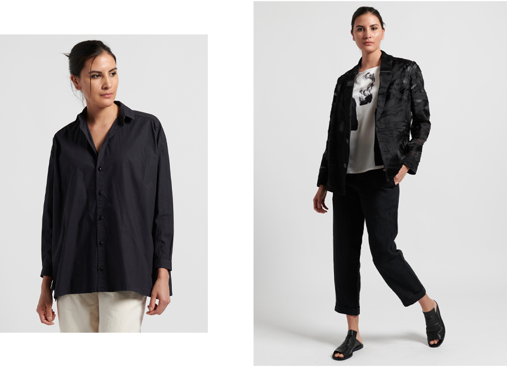 toogood, left: Fine Cotton Draughtsman Shirt in Flint, right: Ramie/Linen Editor Trouser in Soot