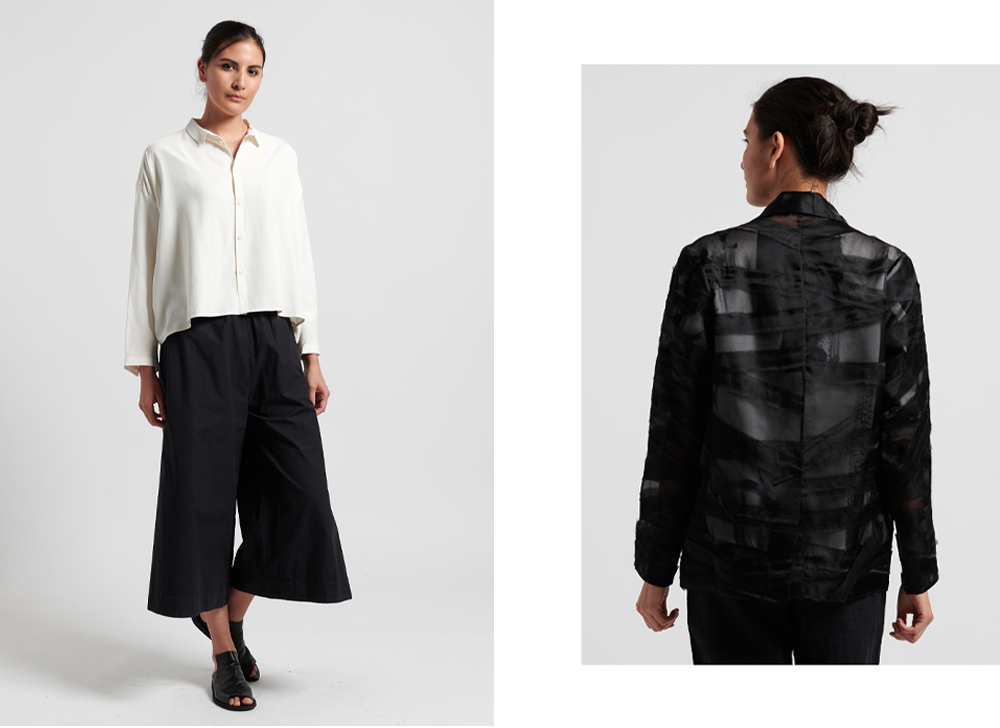 toogood, left: Sandwashed Milkman Shirt in Chalk, right: Silk Organza Editor Jacket in Flint