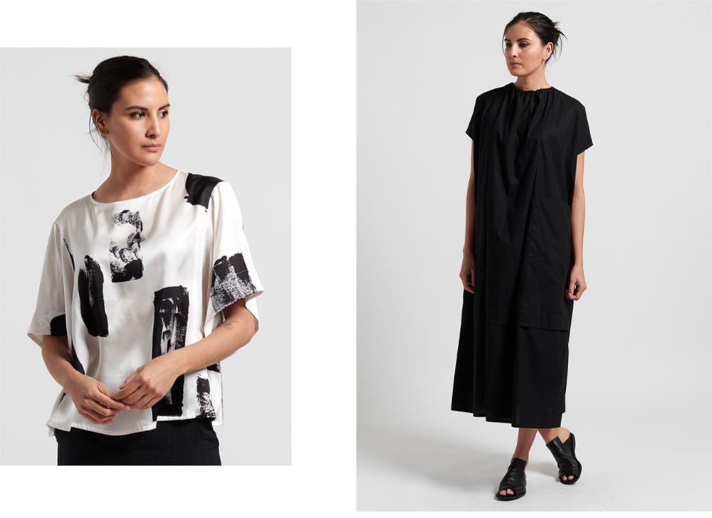 toogood ss20, left: Silk Brushstrokes Writer Top in Chalk, right: Fine Cotton Poet Dress in Flint