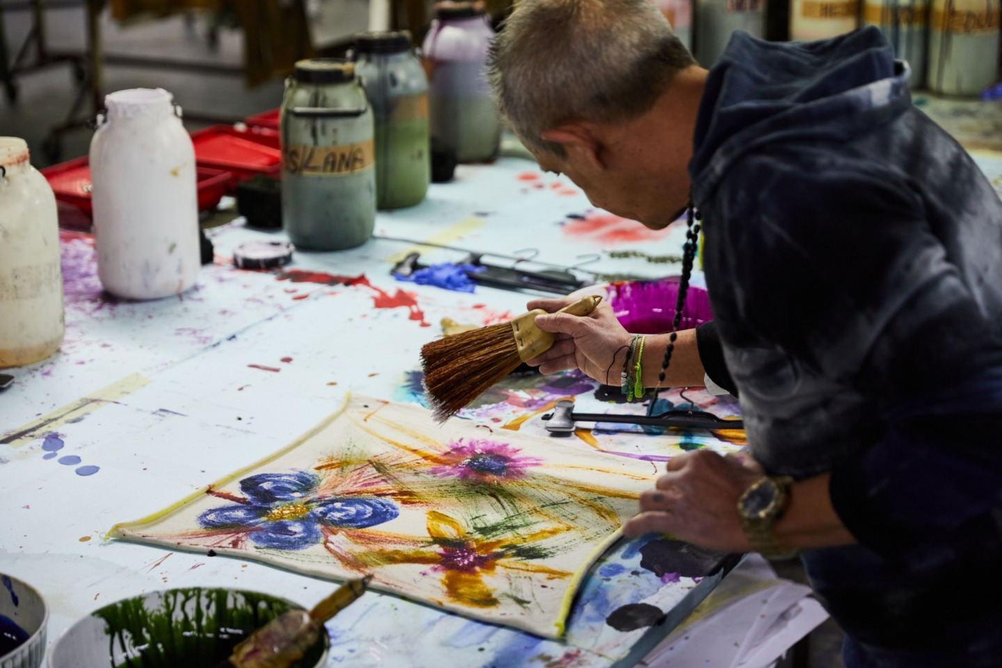 Mirko Ghignone Painting on a Piece of Cashmere