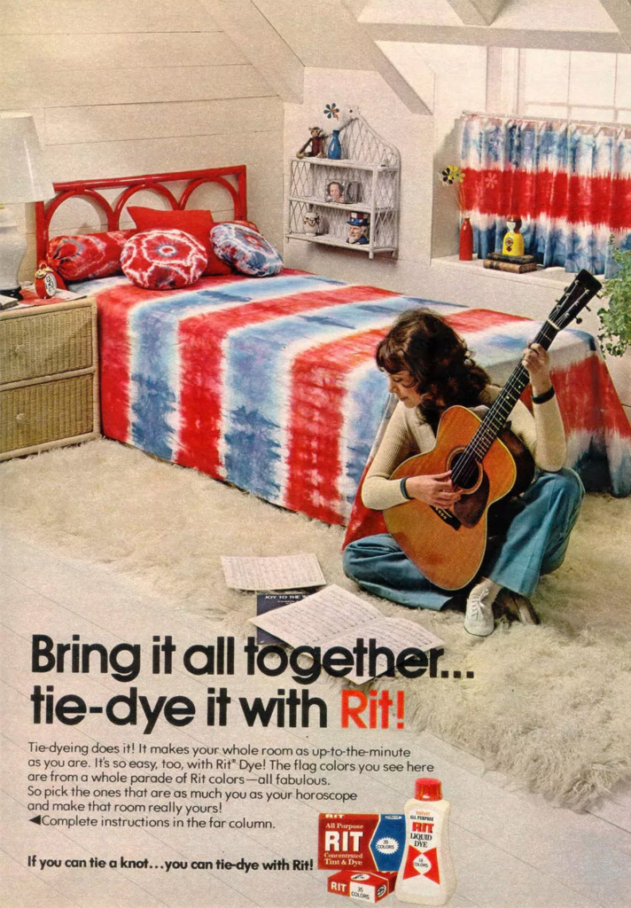 1960's Rit-Dye Advertisement Displaying Tie-Dye Styled Linens in a Teenager's Room