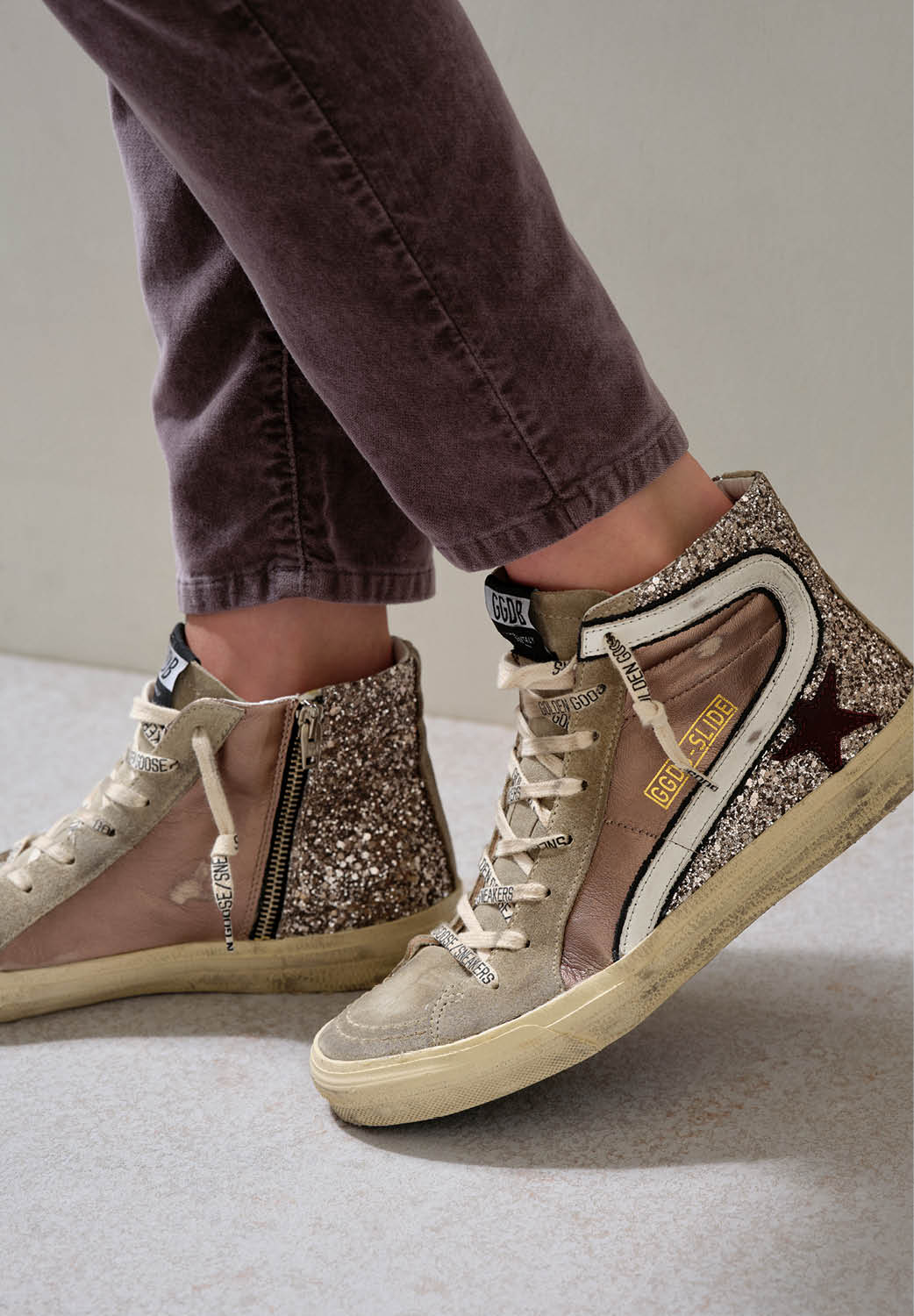 Golden Goose Glitter & Suede Slide Wave Sneaker in Silver, Taupe & Red Wine Star