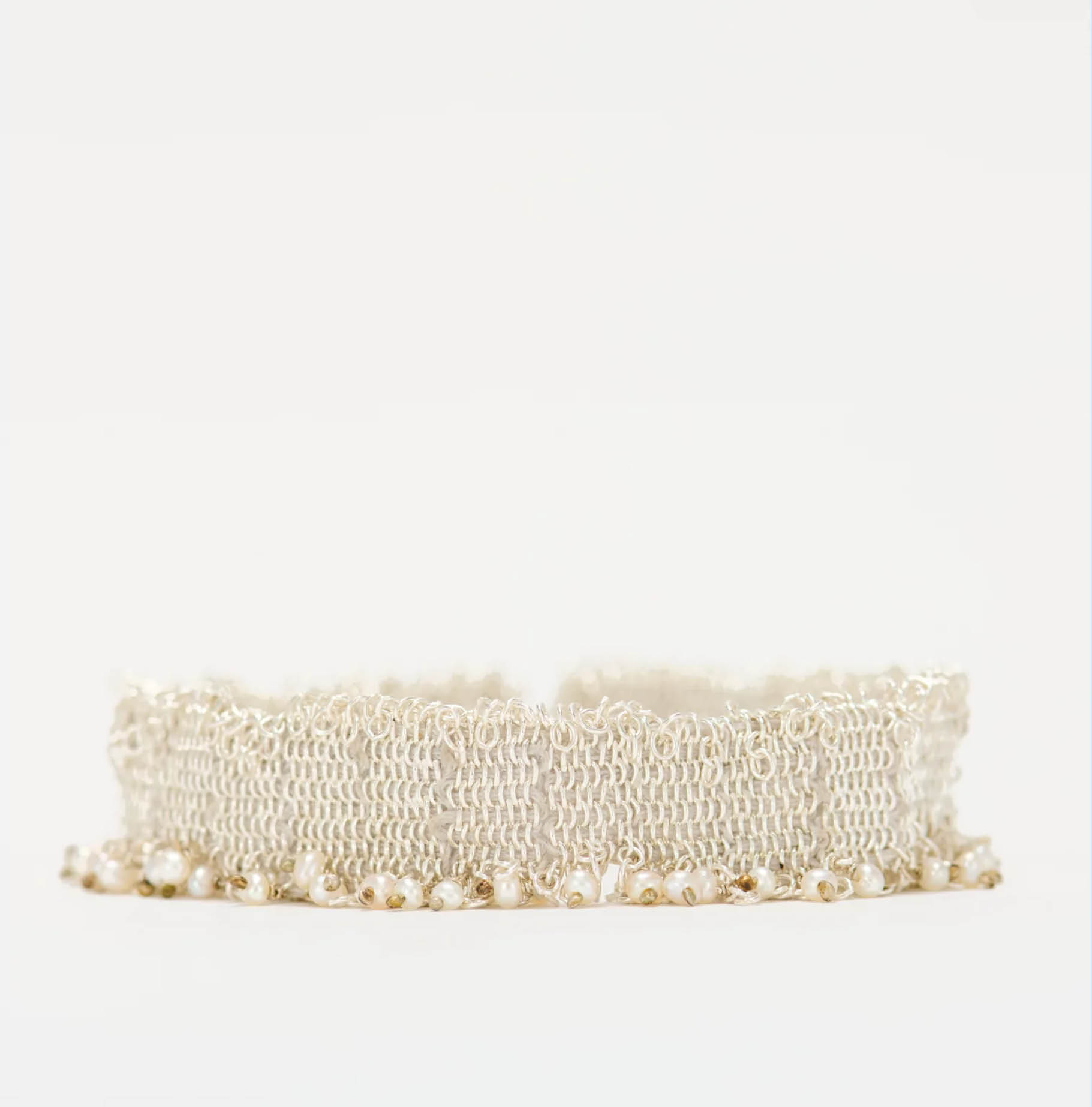 Stephanie Schneider 17 Handwoven Silver, Silk & Pearl Bracelet, Handwoven silver jewelry made in Belgium