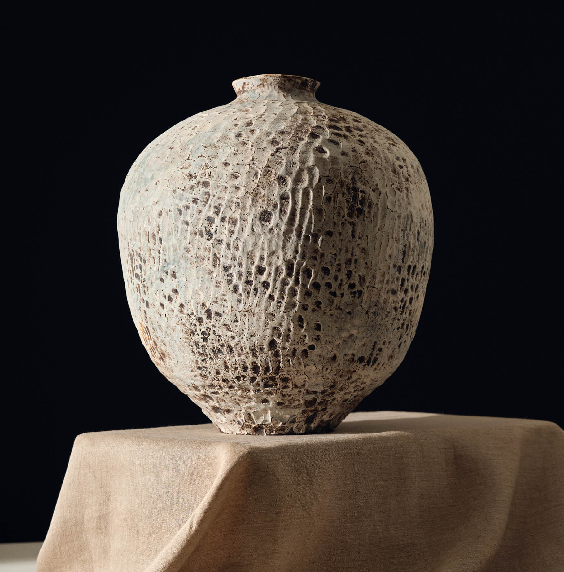 Lise Herud Braten Textured Large Moonvase in White, Grey & Blue, Norwegian Handcrafted pottery