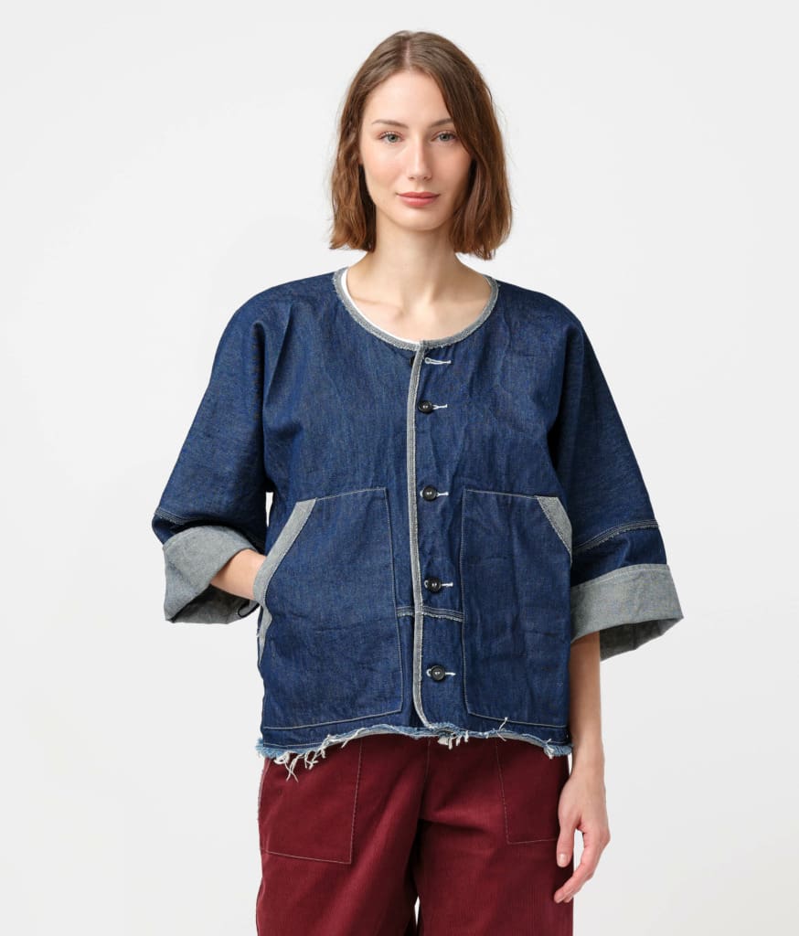 Model wearing Schepers Bosman Italian Cotton Denim Robby Jacket in Indigo Blue