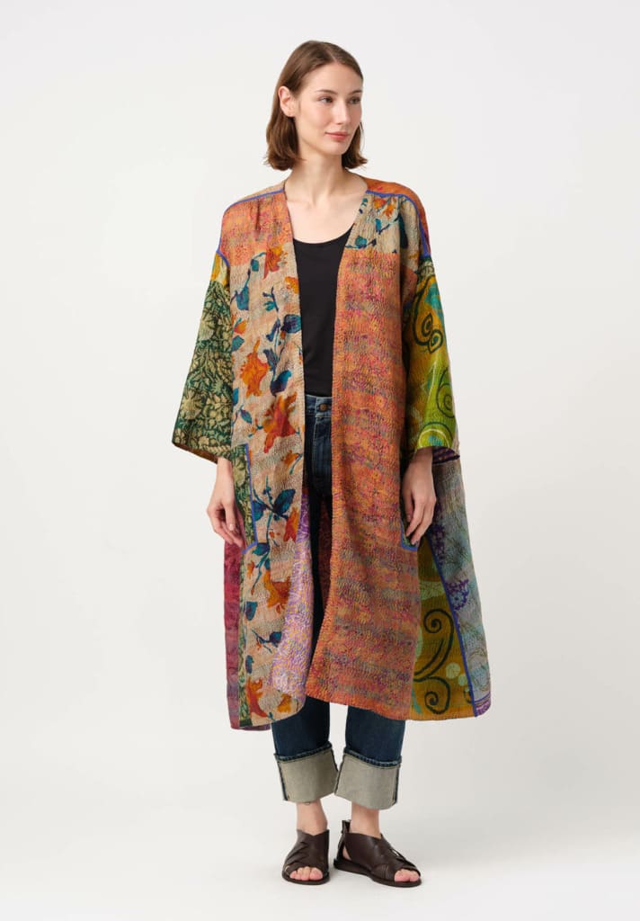 Model wearing One of One, Reversible, Mieko Mintz Vintage Silk Kantha A-Line Duster in Wild Grass Green & Teal