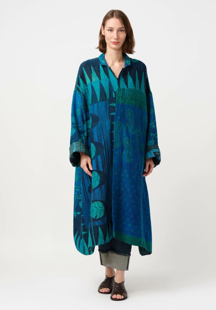 Model wearing Mieko Mintz Over-Dyed Cotton Kantha Oversized Coat in Teal & Ocean Blue, handmade, sustainable fashion