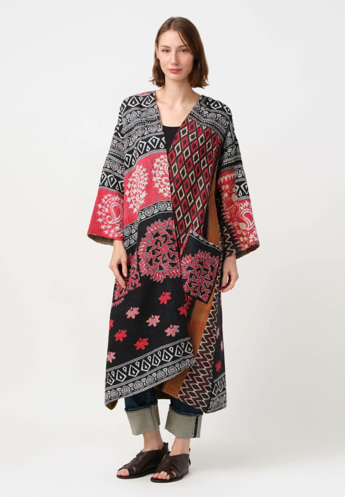 Model wearing Mieko Mintz Vintage Cotton Kantha Long Duster in Black, Red, Orange & Cream