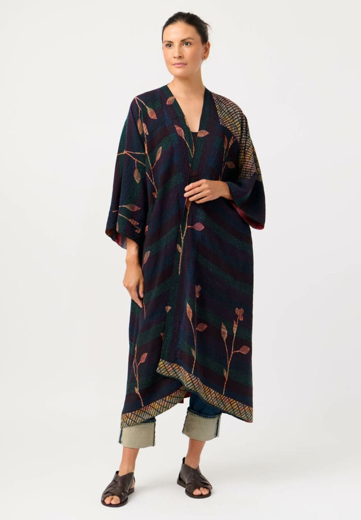 Model wearing Mieko Mintz Vintage Silk Georgette Kantha Kimono Coat in Black, Red & Yellow, Upcycled vintage sari garment