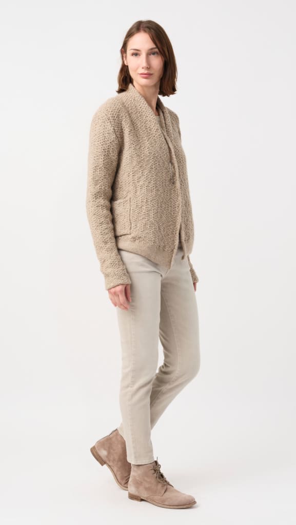 Model wearing Daniel Andresen Hand-Knit Cashmere Bergenia Cardigan in Natural Ecru