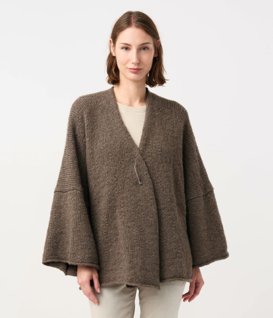 Model wearing Daniel Andresen Hand-Knit Yak Kimono Cardigan in Tree Bark Brown