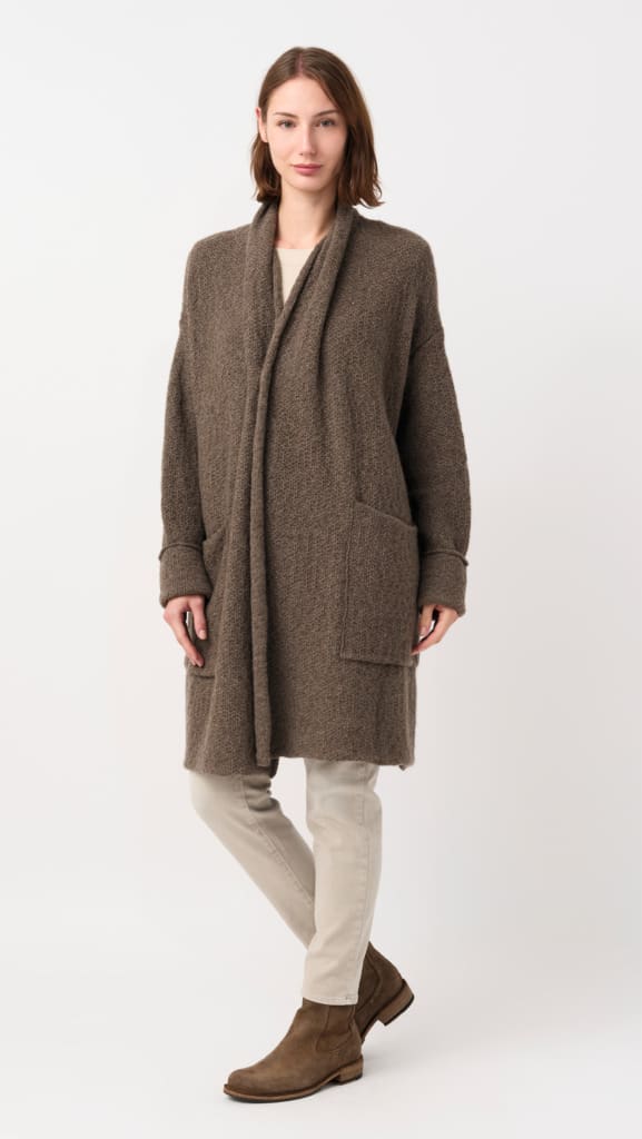 Model wearing Daniel Andresen Fine-Knit Yak Tea Cardigan in Tree Bark Brown with Twin Patch Pockets