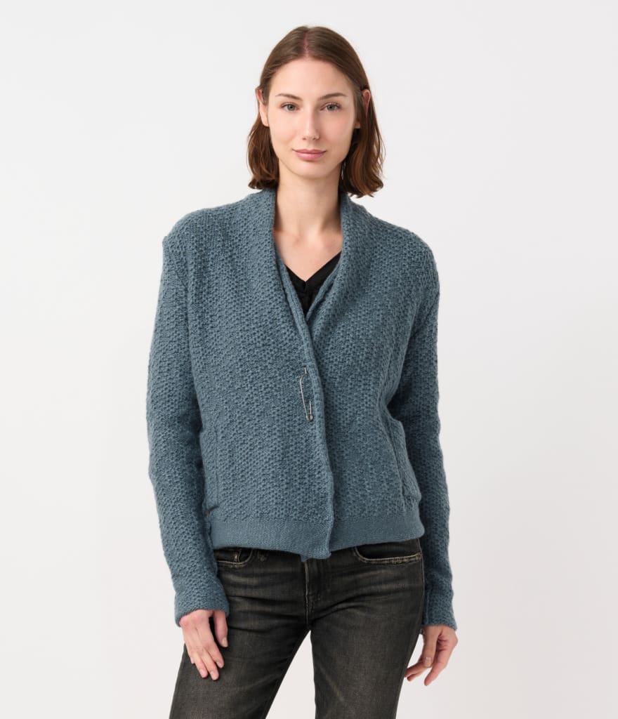 Daniel Andresen Hand-Knit Cashmere Bergenia Cardigan in Pacific Blue Fog with Twin Patch Pockets