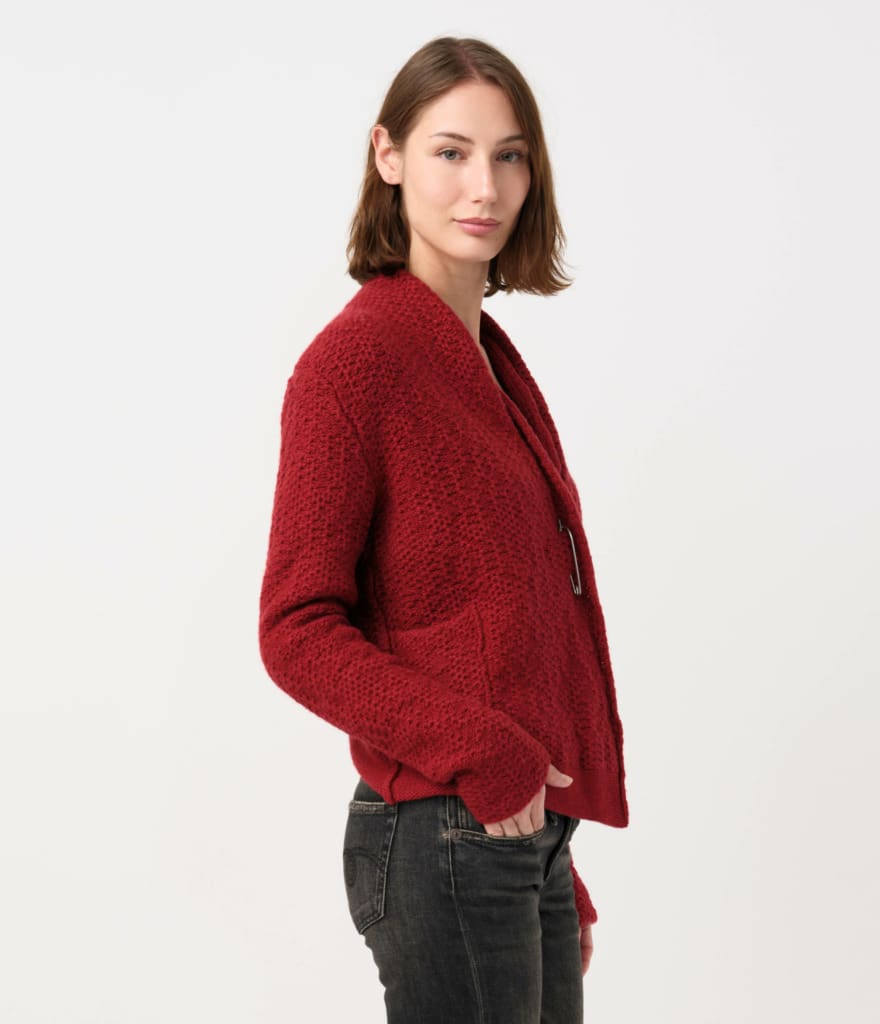 Model wearing Daniel Andresen Fine-Knit Cashmere Blackberry Pullover in Ruby Rose Red with Drop-Shoulder