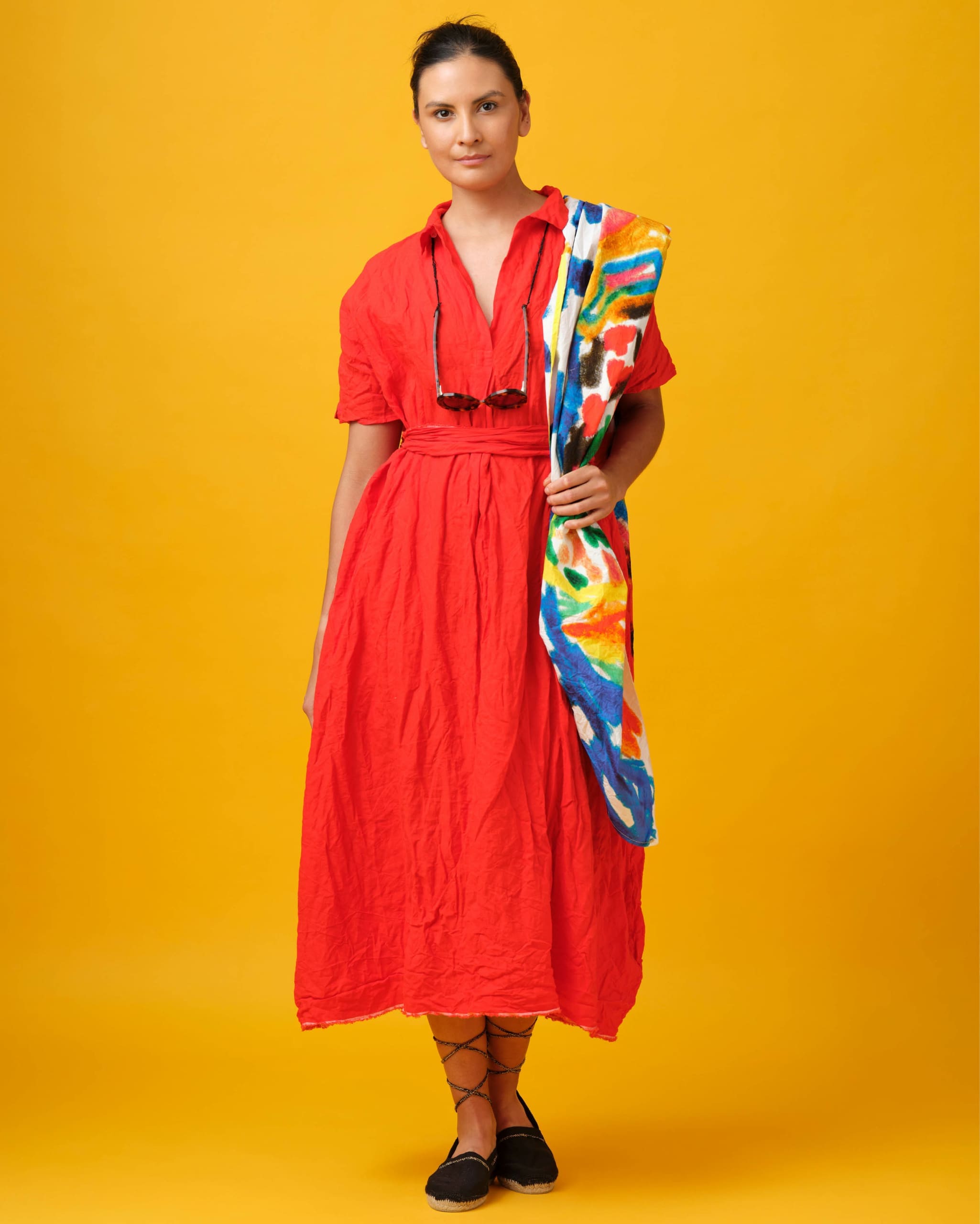 Model in Daniela Gregis Washed Linen Manichina Dress in Arancio Red with Washed Linen for a Lived-In Look & Soft Feel, Handmade Italian Clothing