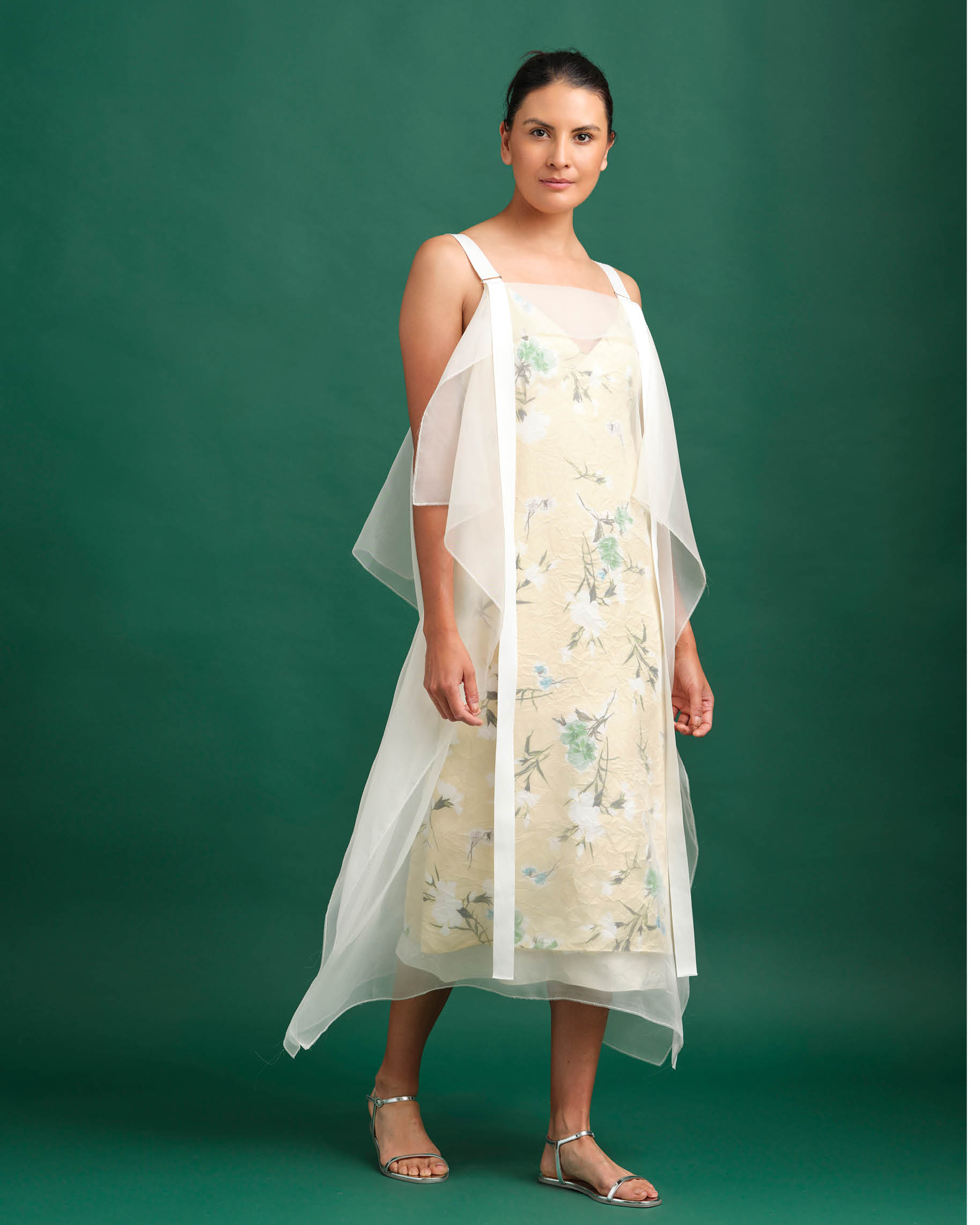 Model wearing Erdem Satin Twill V-Neck Slip Cocktail Dress with Organza Overlay and floral print