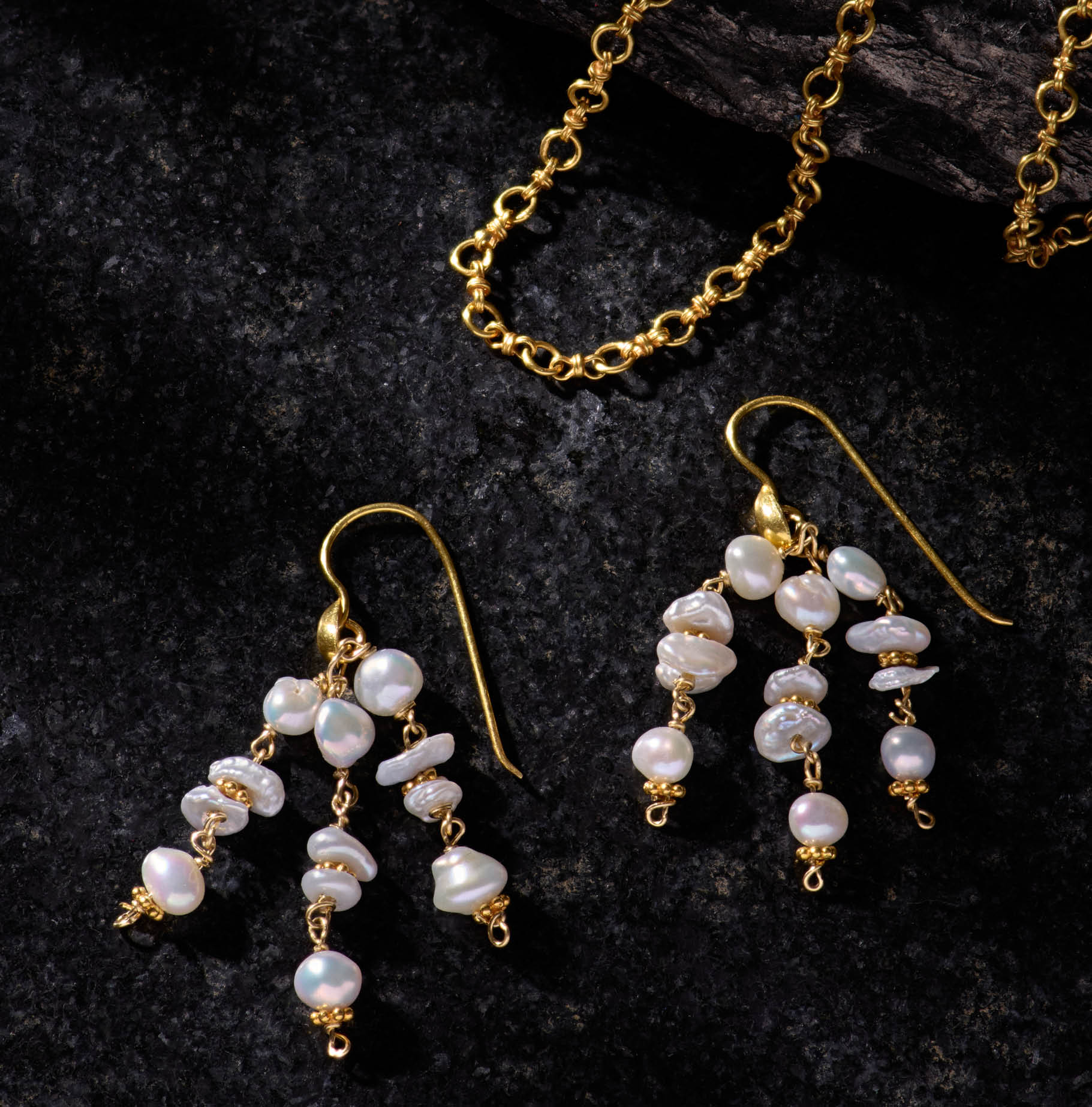Greig Porter 18K, Seed Pearl Mini Chandelier Earrings handcrafted in Santa Fe